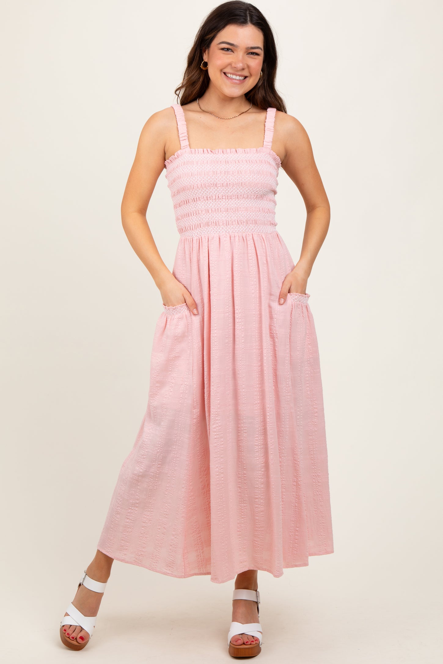 Light Pink Smocked Embroidered Bust Textured Maternity Midi Dress