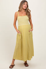 Lime Smocked Embroidered Bust Textured Maternity Midi Dress