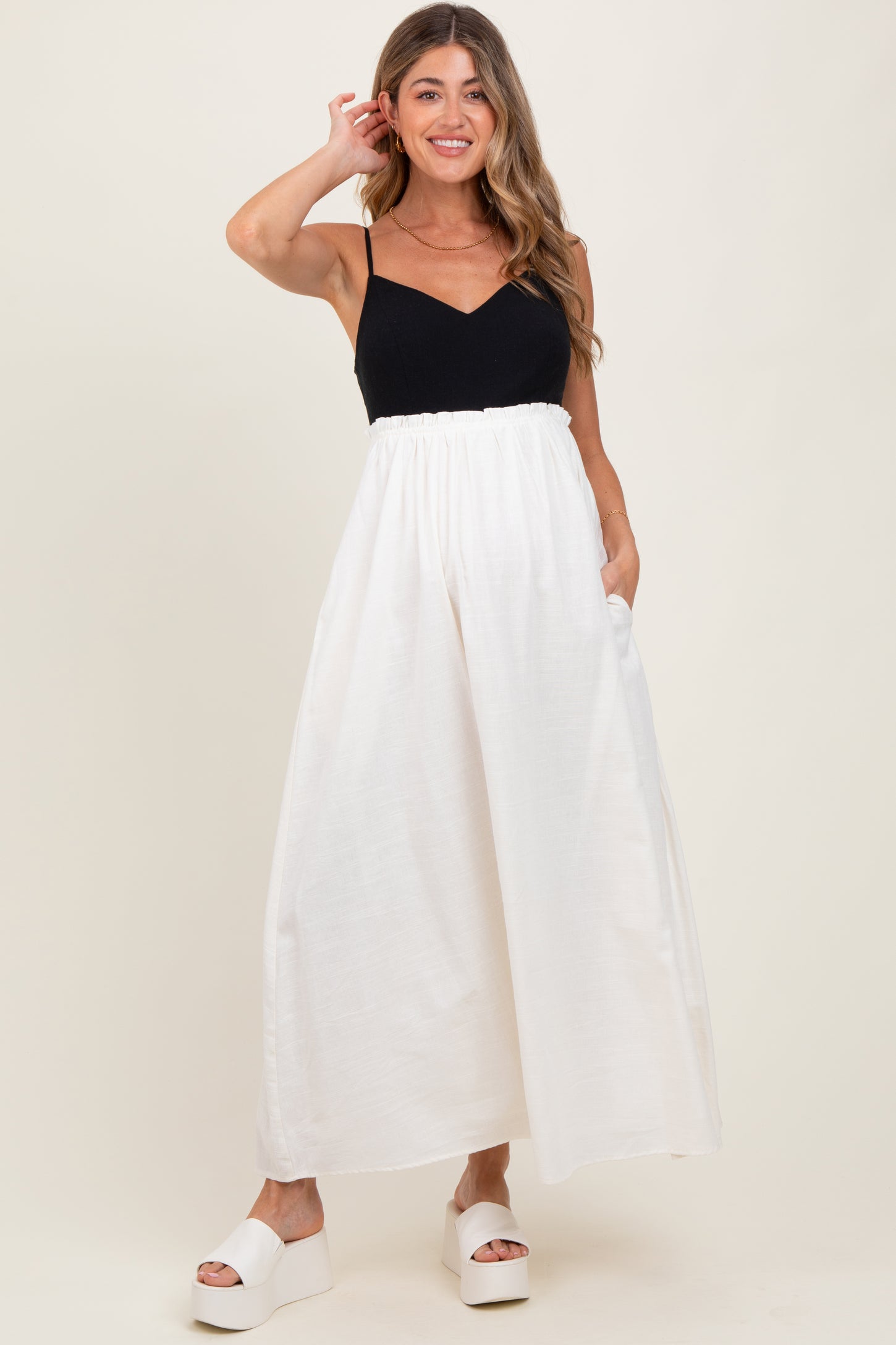 Cream Colorblock Open Tie Back Maternity Maxi Dress