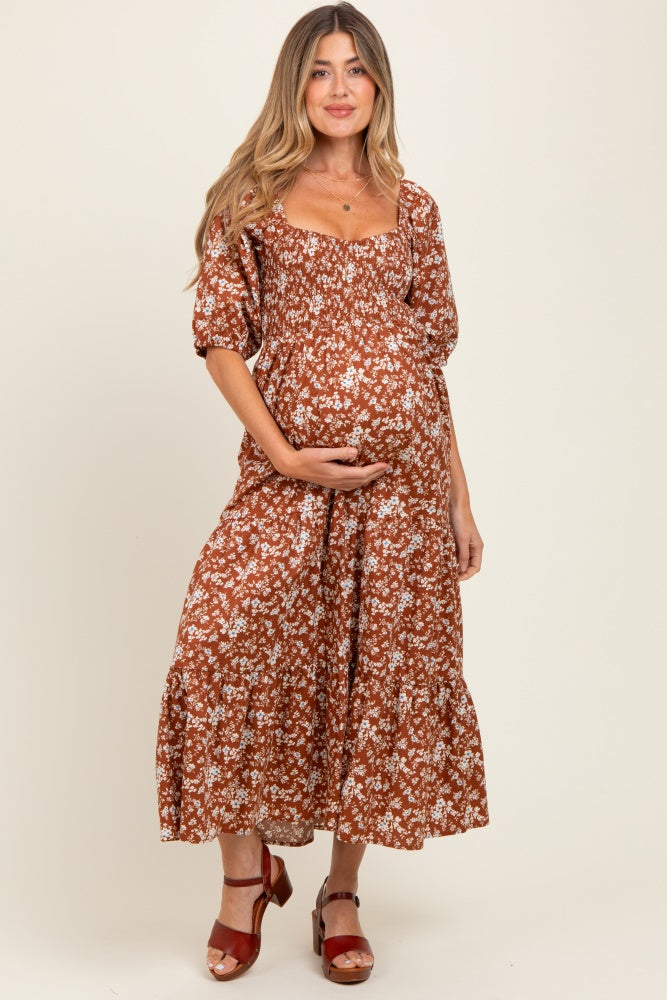 Rust Floral Smocked Puff Sleeve Maternity Maxi Dress