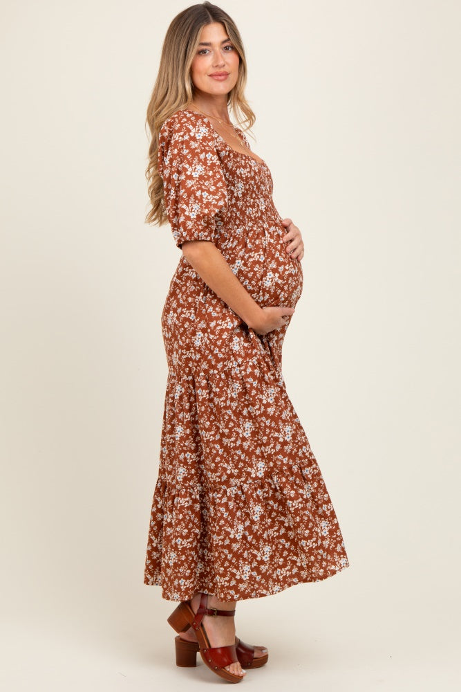 Rust Floral Smocked Puff Sleeve Maternity Maxi Dress
