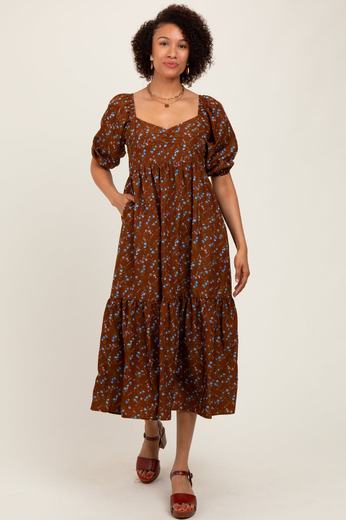 Mocha Floral Sweetheart Puff Sleeve Maternity Midi Dress