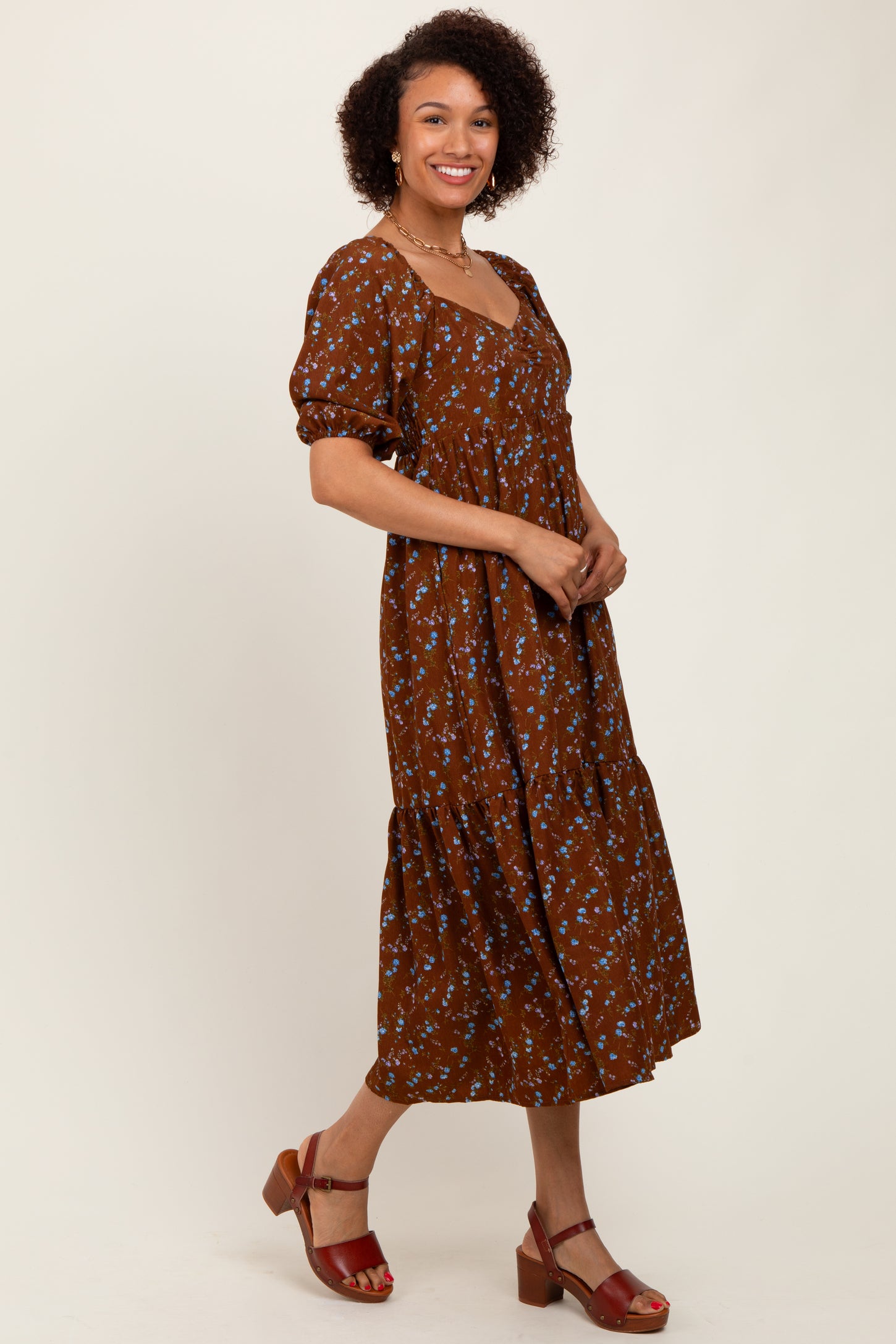 Mocha Floral Sweetheart Puff Sleeve Midi Dress