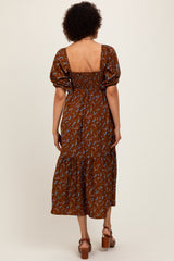 Mocha Floral Sweetheart Puff Sleeve Midi Dress