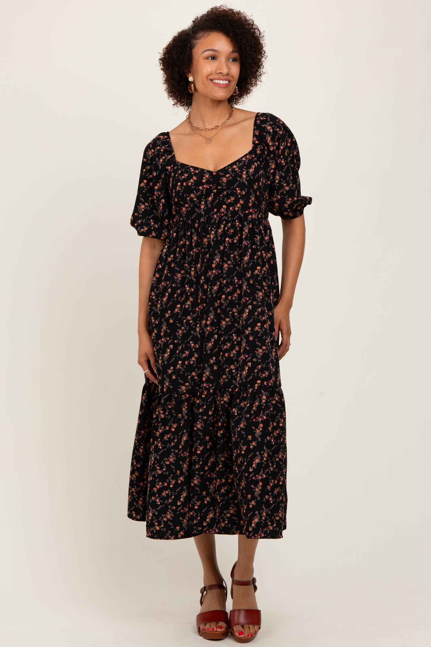 Black Floral Sweetheart Puff Sleeve Maternity Midi Dress