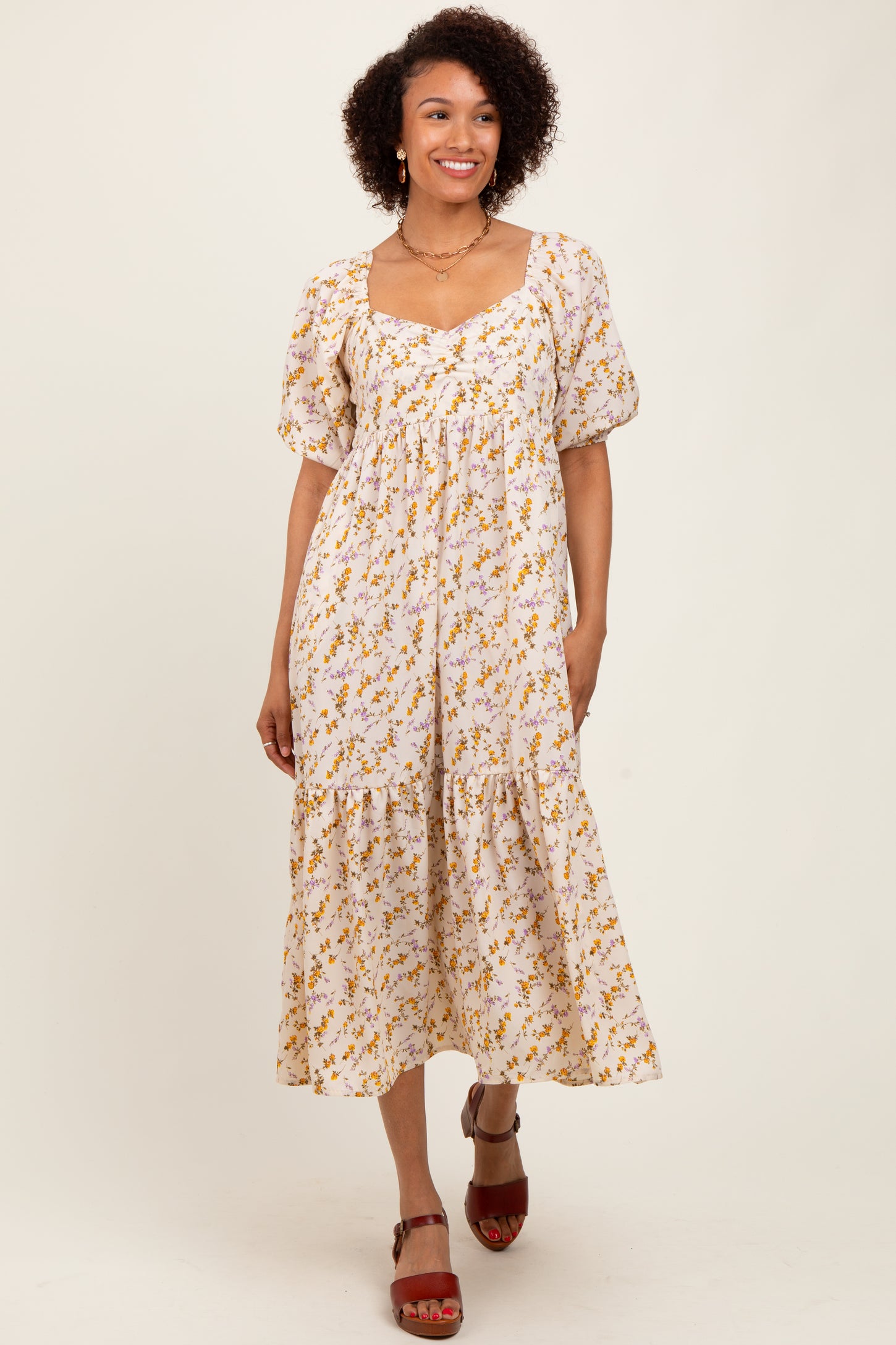 Cream Floral Sweetheart Puff Sleeve Midi Dress