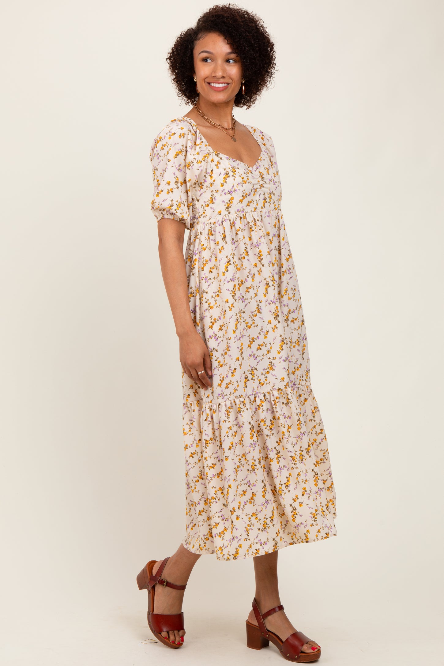 Cream Floral Sweetheart Puff Sleeve Midi Dress