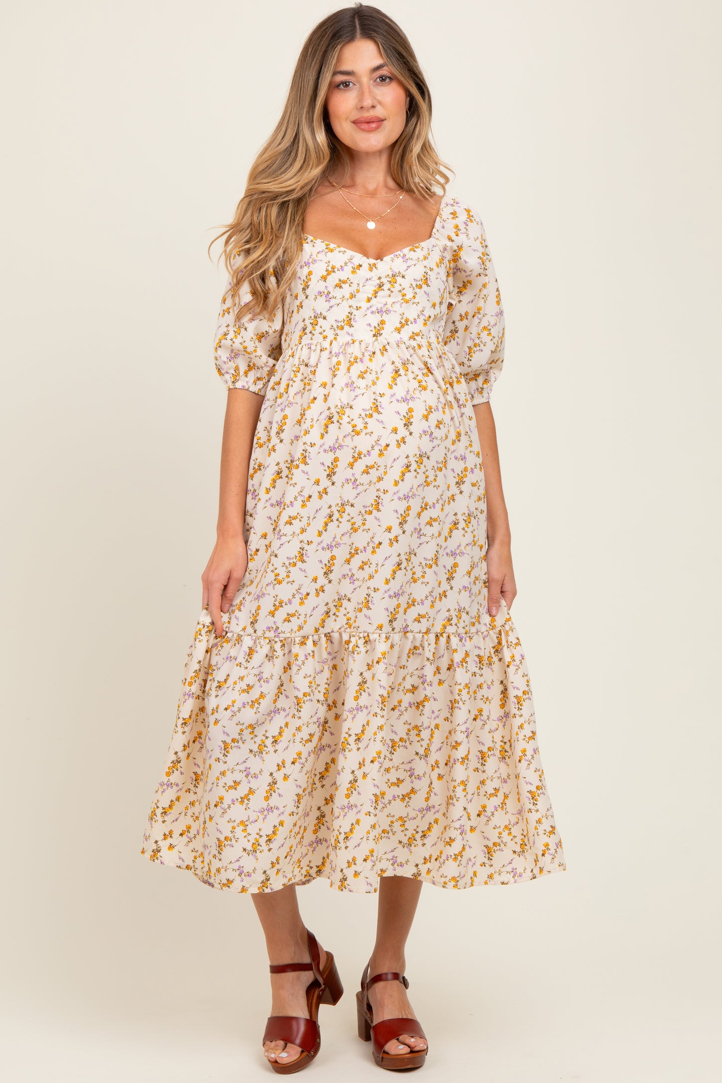 Cream Floral Sweetheart Puff Sleeve Maternity Midi Dress
