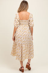 Cream Floral Sweetheart Puff Sleeve Maternity Midi Dress