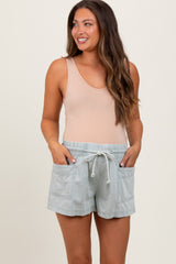 Mint Green Chambray Drawstring Front Pocket Maternity Shorts