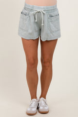 Mint Green Chambray Drawstring Front Pocket Maternity Shorts