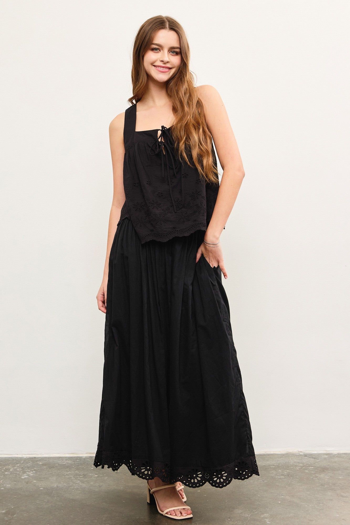 Black Smocked Waist Eyelet Lace Hem Maternity Maxi Skirt