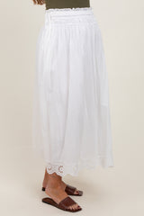 White Smocked Waist Eyelet Lace Hem Maternity Maxi Skirt