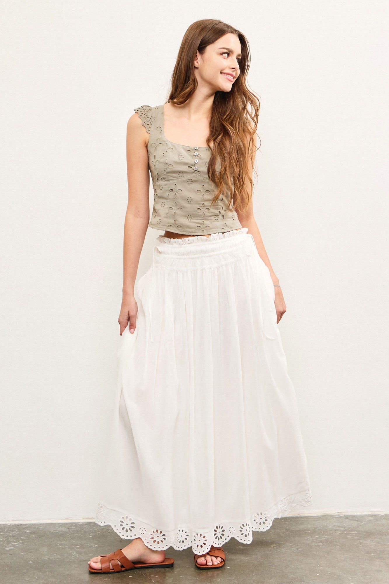 White Smocked Waist Eyelet Lace Hem Maxi Skirt