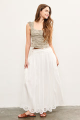White Smocked Waist Eyelet Lace Hem Maxi Skirt