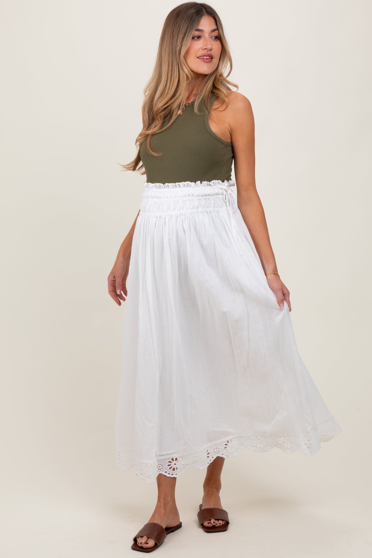 White Smocked Waist Eyelet Lace Hem Maternity Maxi Skirt