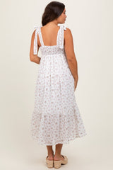 Light Pink Floral Shoulder Tie Maternity Midi Dress