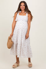 Light Pink Floral Shoulder Tie Maternity Midi Dress