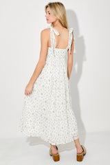 Light Yellow Floral Shoulder Tie Midi Dress