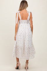 Light Yellow Floral Shoulder Tie Maternity Midi Dress