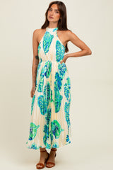 Blue Leaf Print Pleated Halter Midi Dress