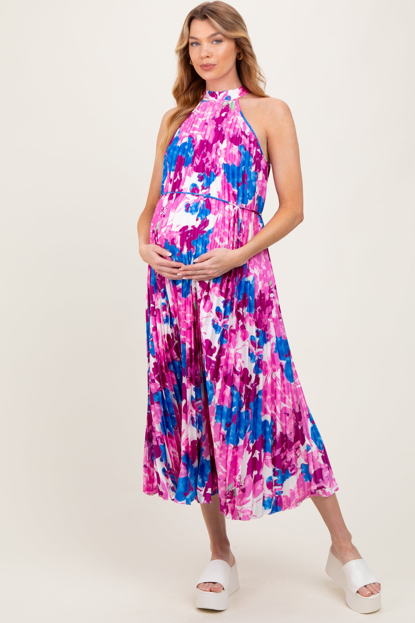 Magenta Floral Satin Pleated Halter Neck Maternity Midi Dress