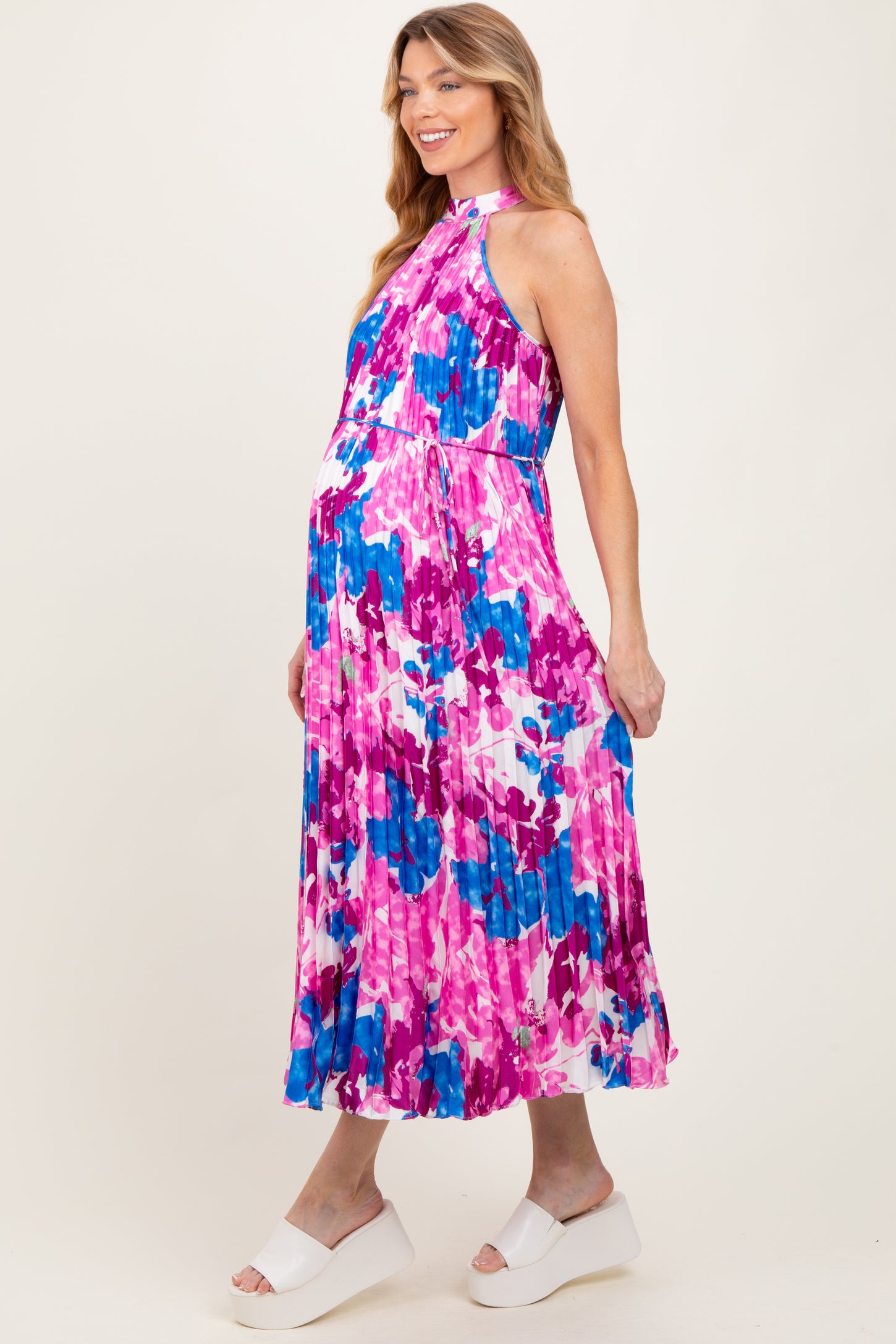 Magenta Floral Satin Pleated Halter Neck Maternity Midi Dress