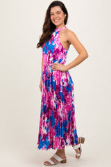 Magenta Floral Satin Pleated Halter Neck Midi Dress