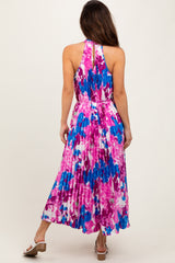 Magenta Floral Satin Pleated Halter Neck Midi Dress