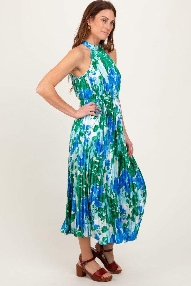 Blue Floral Satin Pleated Halter Neck Midi Dress
