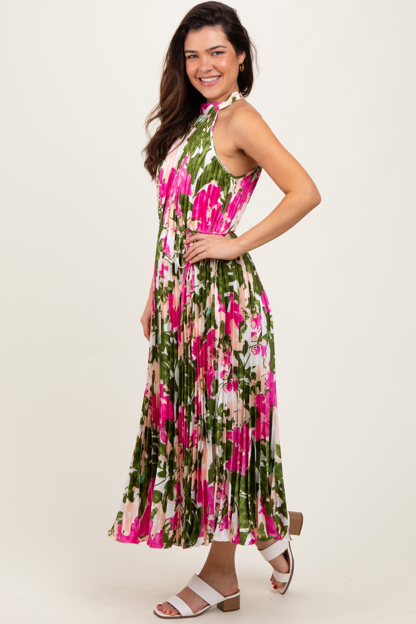 Fuchsia Floral Satin Pleated Halter Neck Midi Dress