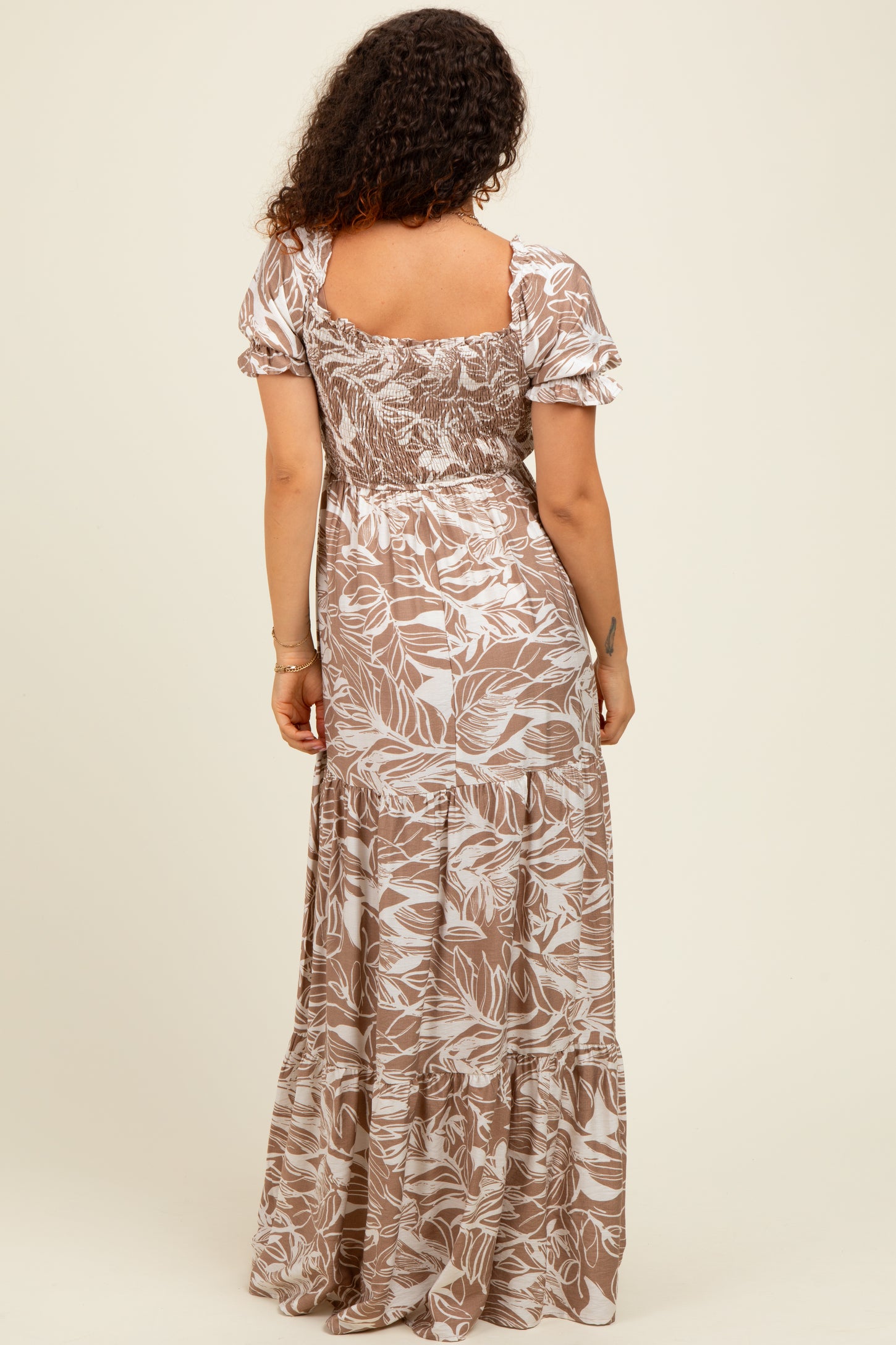 Taupe Tropical Print Smocked Front Tie Maternity Maxi Dress