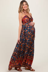 Navy Floral Colorblock Halter Tie Back Maternity Maxi Dress