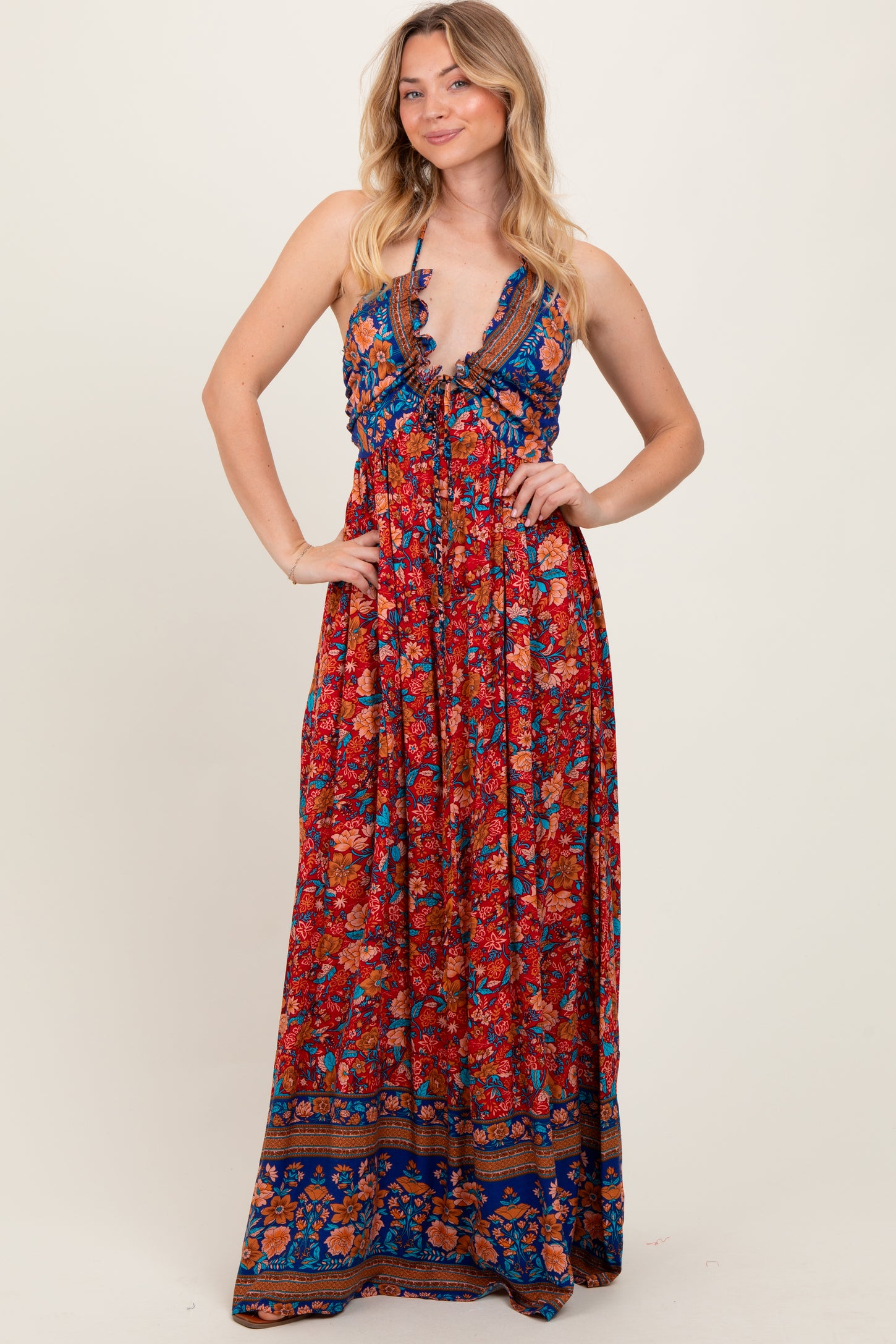 Rust Floral Colorblock Halter Tie Back Maxi Dress