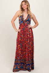 Rust Floral Colorblock Halter Tie Back Maxi Dress