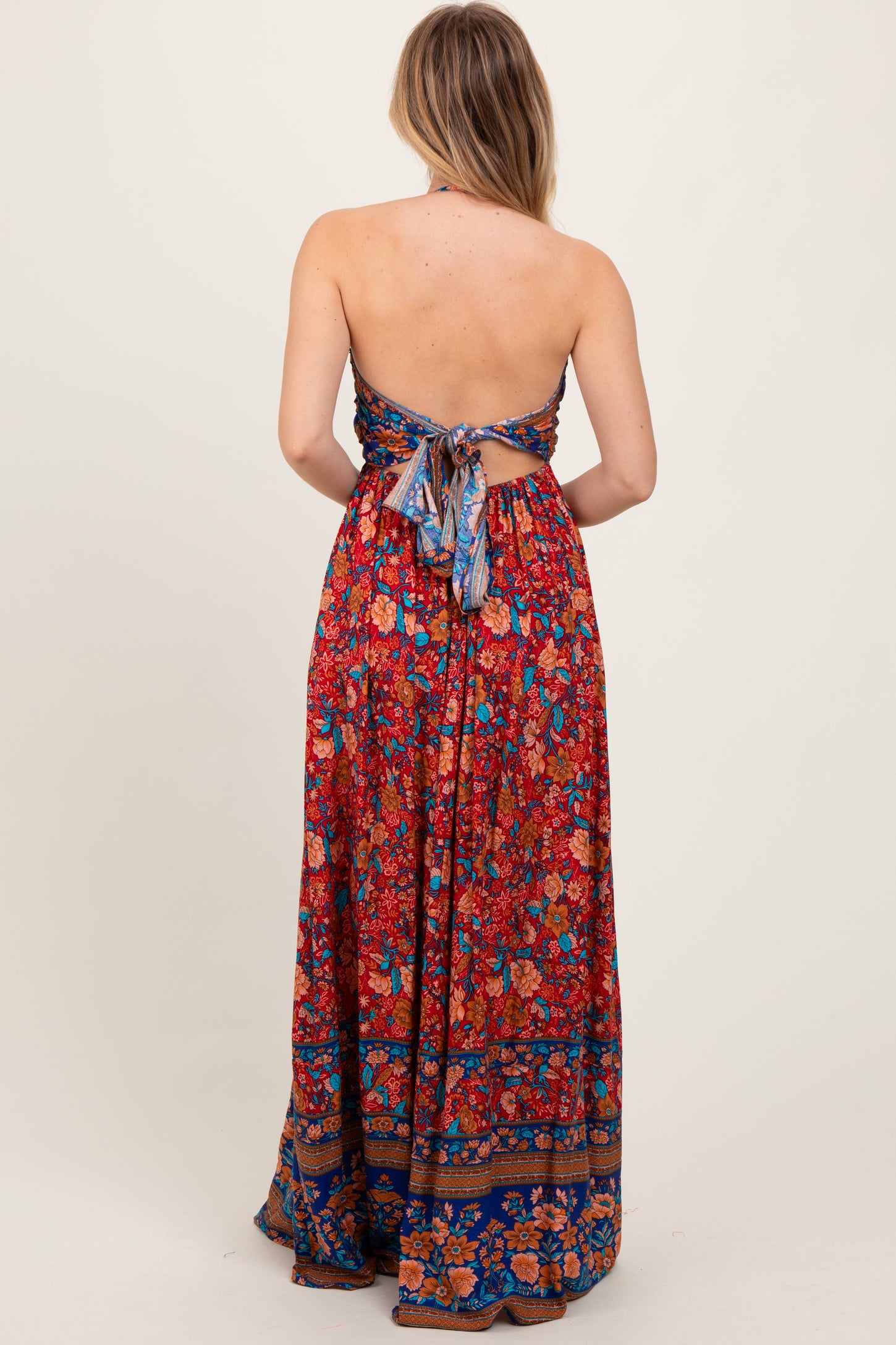 Rust Floral Colorblock Halter Tie Back Maxi Dress