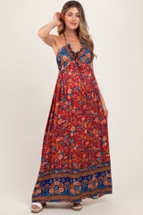 Rust Floral Colorblock Halter Tie Back Maternity Maxi Dress
