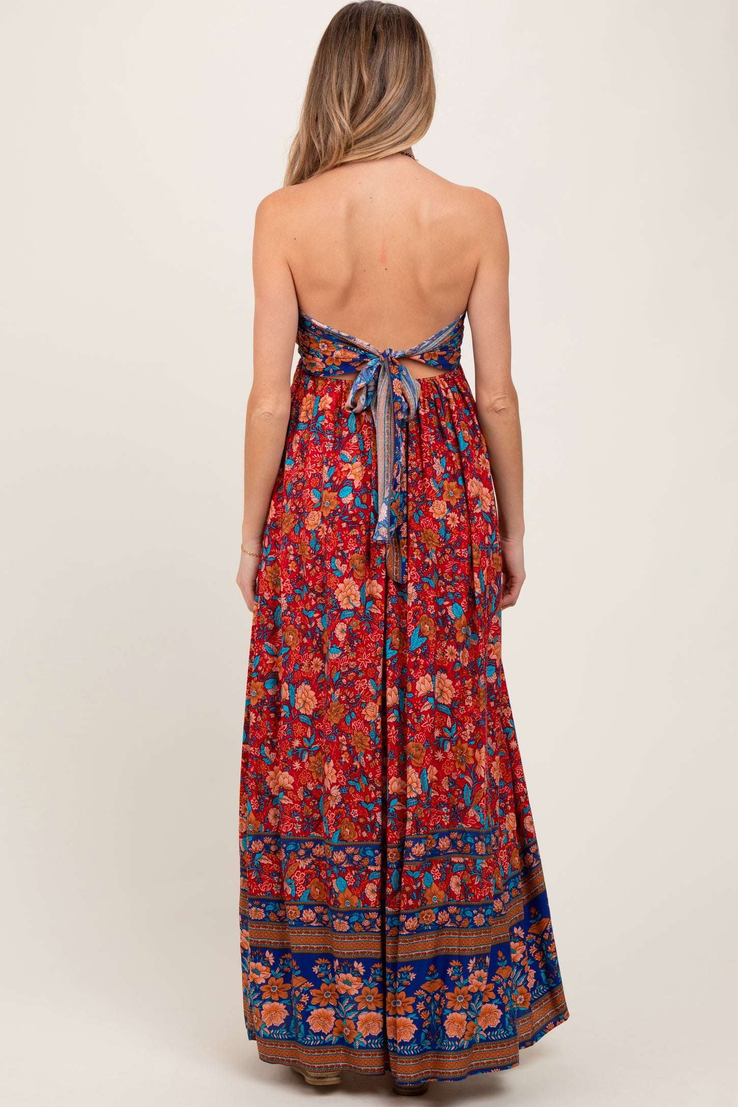 Rust Floral Colorblock Halter Tie Back Maternity Maxi Dress