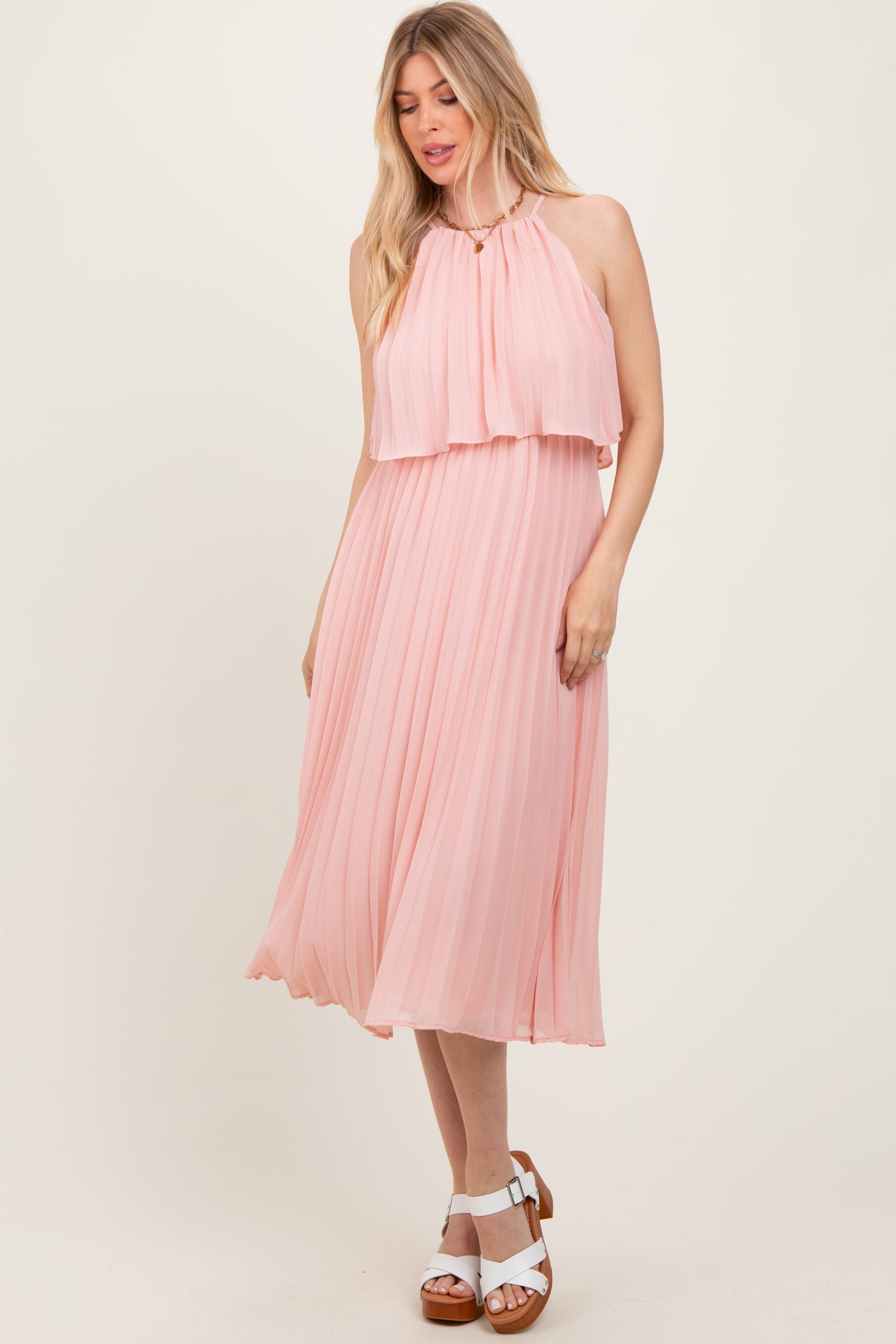 Pink Pleated Woven Midi Dress