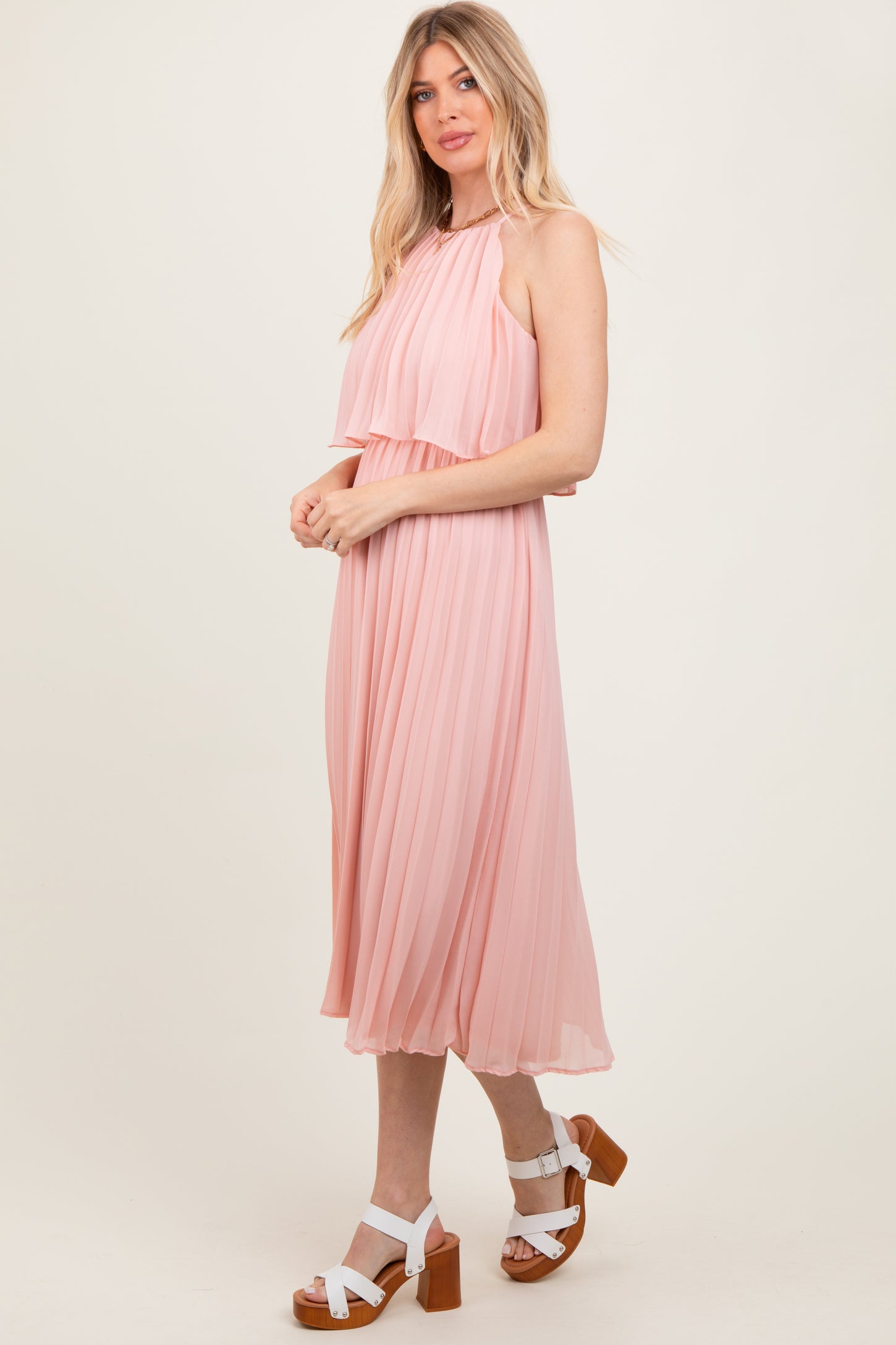 Pink Pleated Woven Midi Dress