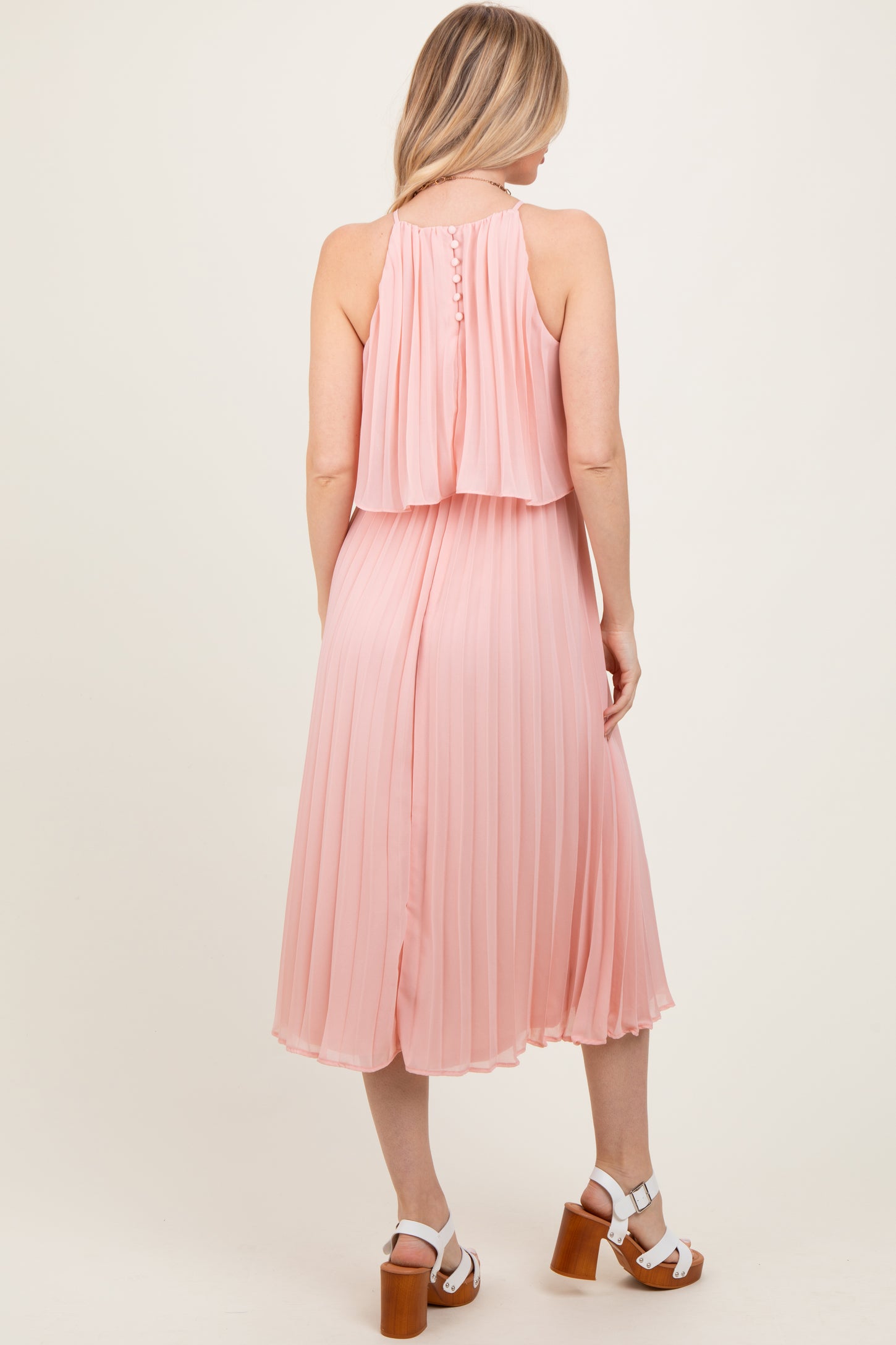 Pink Pleated Woven Midi Dress