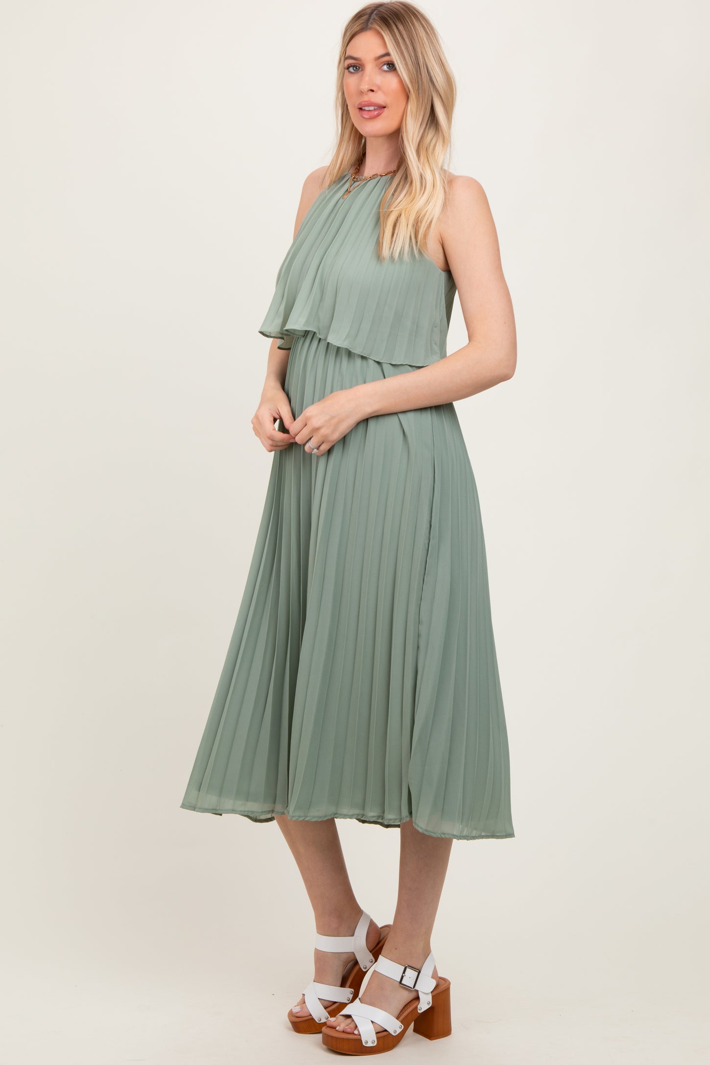 Light Olive Pleated Woven Midi Dress