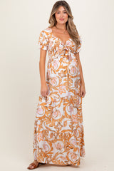 Taupe Floral Smocked Front Tie Maternity Maxi Dress