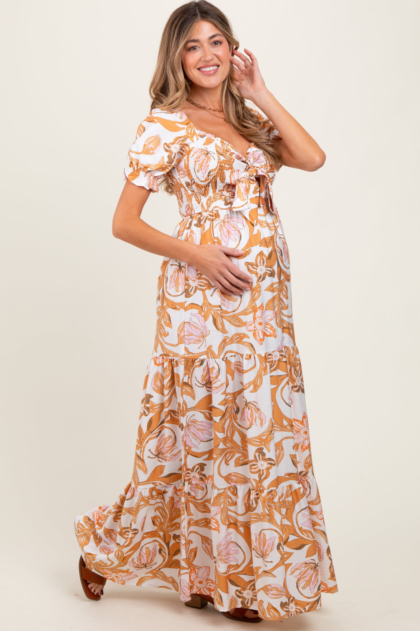 Taupe Floral Smocked Front Tie Maternity Maxi Dress