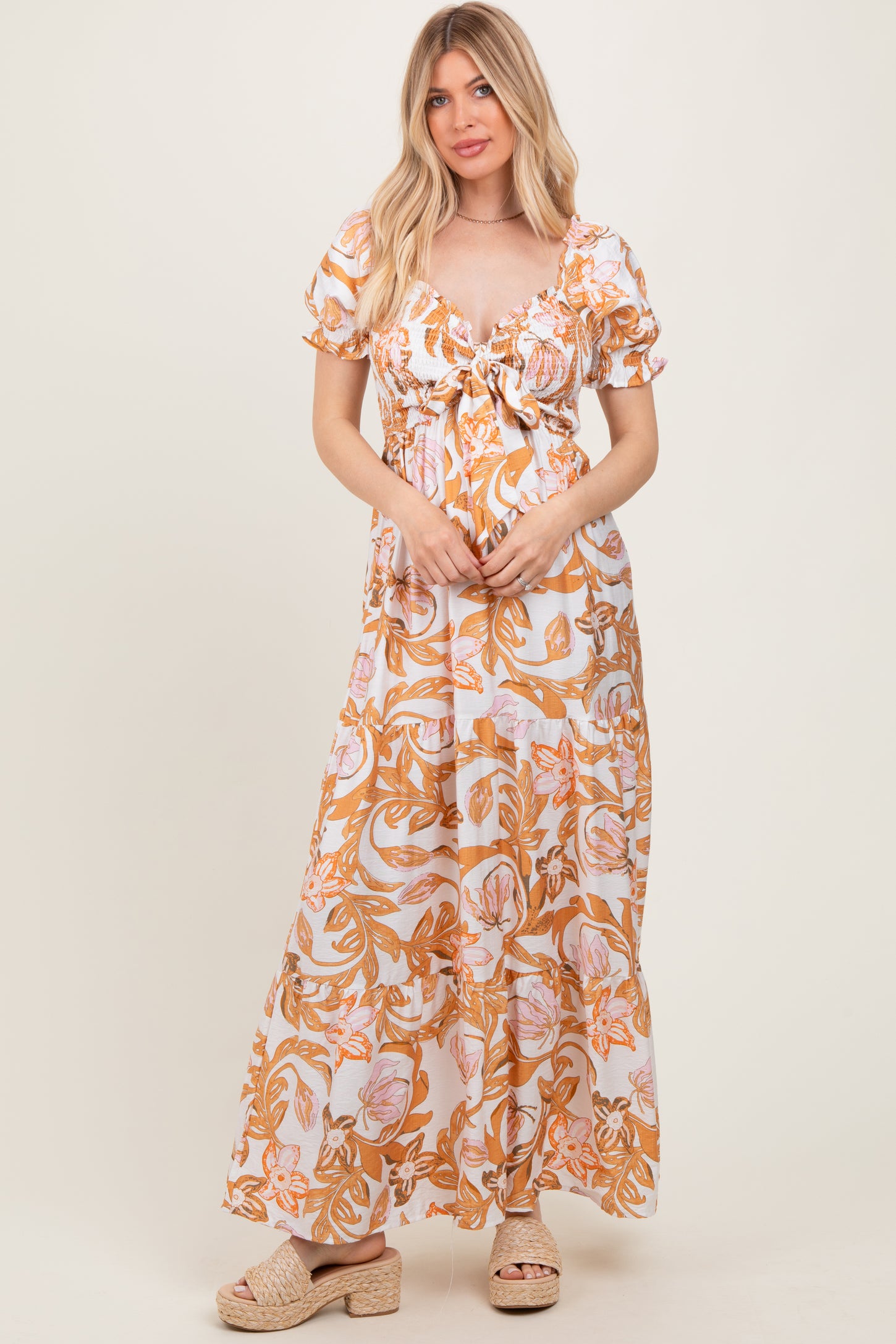 Taupe Floral Smocked Front Tie Maternity Maxi Dress