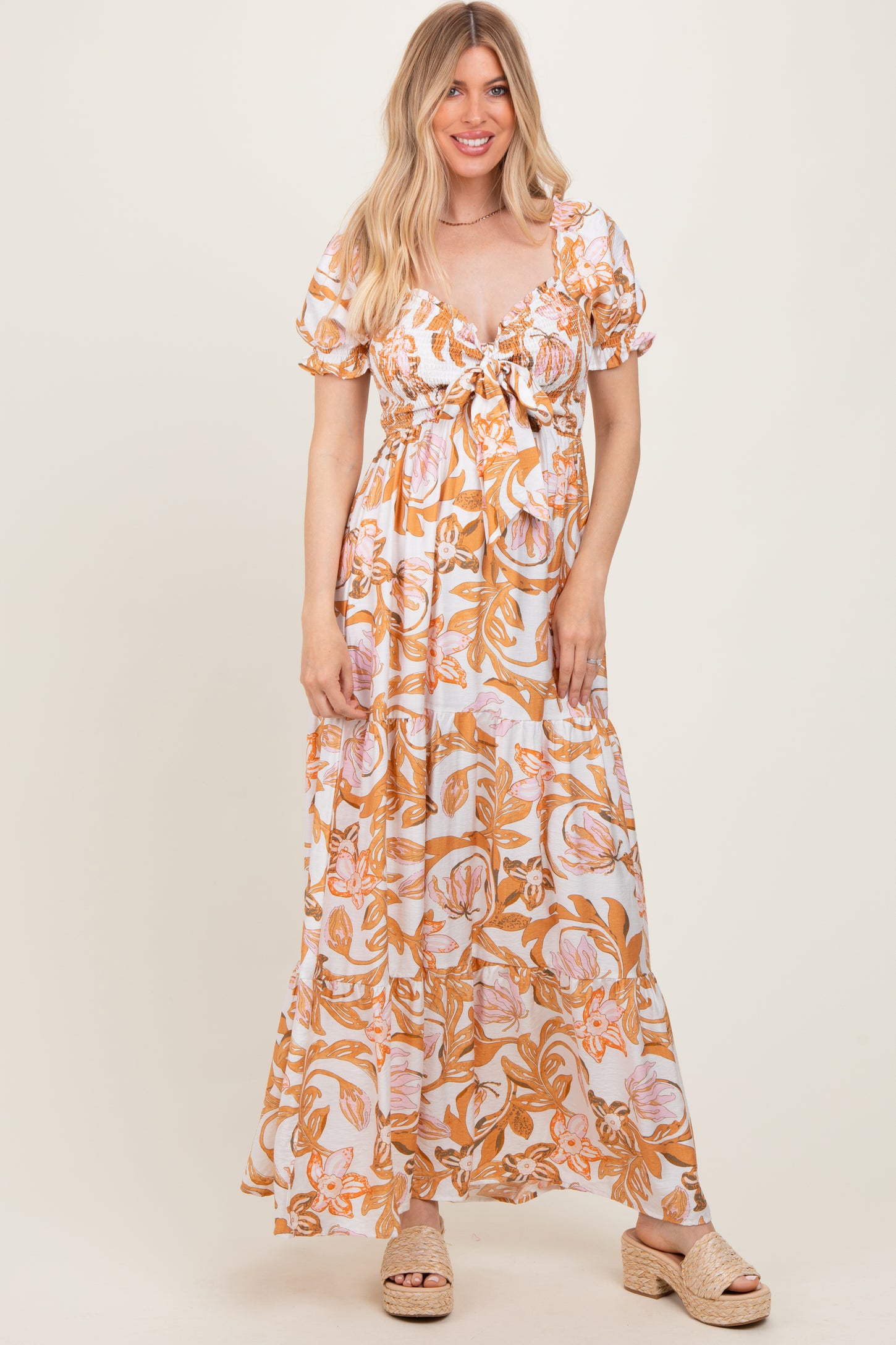Taupe Floral Smocked Front Tie Maxi Dress