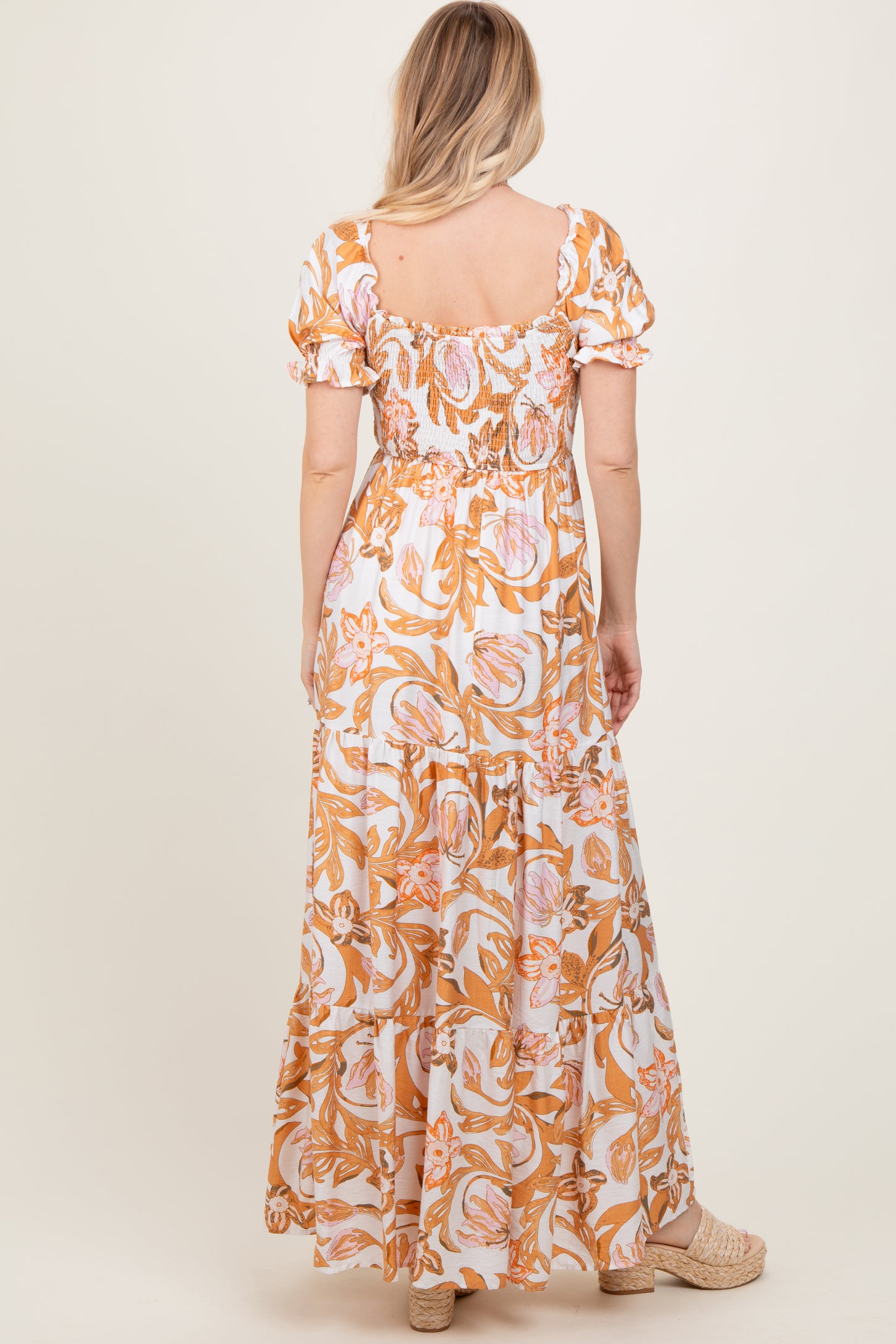 Taupe Floral Smocked Front Tie Maxi Dress