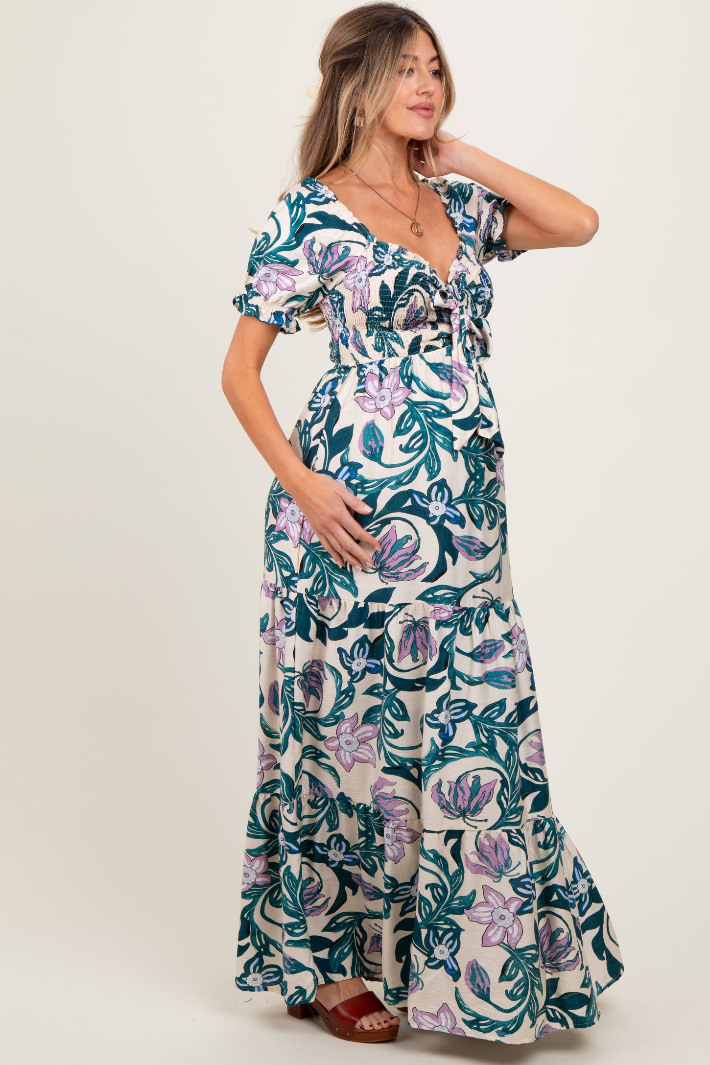 Teal Floral Smocked Front Tie Maternity Maxi Dress