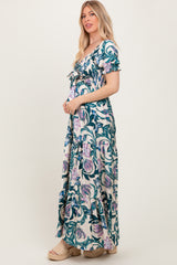 Teal Floral Smocked Front Tie Maxi Dress