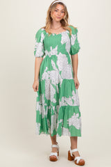 Green Floral Smocked Front Tie Cutout Maternity Maxi Dress